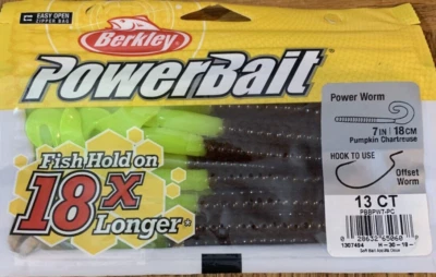 Berkley PowerBait #PBBPW7-PC 7" Power Worm Pumpkin Chartreuse-1pk of 13pc-SHIP24