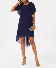 ADRIANNA PAPELL Chiffon-Overlay A-Line Dress Navy Size XS $99
