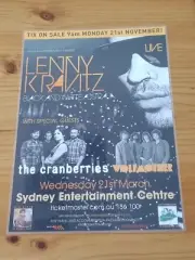 LENNY KRAVITZ - THE CRANBERRIES - 2012 SYDNEY AUSTRALIA - Laminated Tour Poster