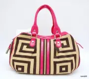 Nwt BODHI Geo Greek Key Fabric Patent Leather Satchel Bag Handbag Tote ~Tan/Pink
