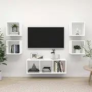 5 Piece TV Cabinet Set White Engineered Wood,Floating TV Unit with Wall Mounted TV Cabinet: Ample Storage and Timeless Appeal Home Entertainment Furniture