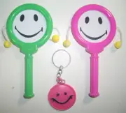 TWO "HAPPY FACE" NOISE MAKERS & ONE KEY-CHAIN PLASTIC CHILDREN TOYS NEW