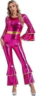 [YiZYiF] Women 70s Disco Costume Adult Metallic Shiny Retro Jumpsuit One-piece Bodycon Romper Bodysuit