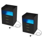 Advwin Bedside Table Set of 2 RGB LED Nightstand Charging Station 3 Drawers Cabinet Black