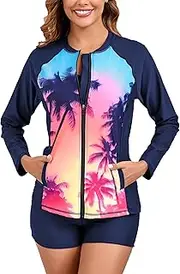 [JOYBIK] Women’s 3 Piece Long Sleeve Rash Guard with Built in Bra Zip Swim Shirt with Pocket and Shorts UPF50+ Swimsuit