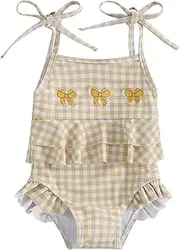 [Dewadbow] Toddler Baby Girl One Piece Swimsuit Bow Embroidery Checkered Print Ruffle Bikini Sleeveless Bathing Suit Swimwear