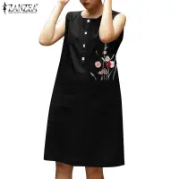 在飛比找蝦皮商城優惠-Zanzea 女式韓版刺繡圓領無袖側袋連衣裙