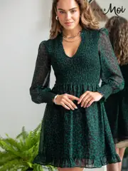 Pour Moi Green Leopard Print BIzzy Shirred Bodice Long Sleeve Chiffon Dress (AL7760) | $127