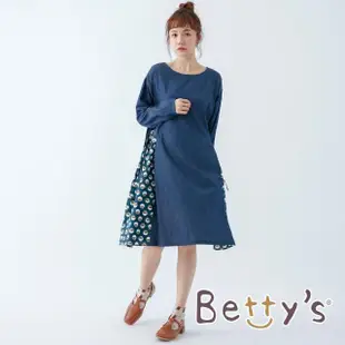 【betty’s 貝蒂思】拼接貓咪印花牛仔洋裝(深藍)