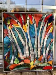 Stained Glass Autumn Trees Mosaic Window Suncatcher Panel Transom OOAK