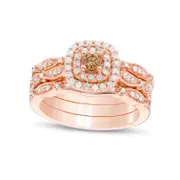 0.50 CT. T.W. Enhanced Champagne Natural Diamond Double Cushion Frame Three Piece Bridal Engagement Ring Set in Solid 14K Rose Gold