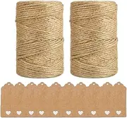 2 PCS 100m Jute Twine, 2mm Jute Twine String, Natural Jute Garden String, Jute Twine with 10 Kraft Paper Gift Tags, Jute String, Natural Jute Garden Rope for Gift Wrapping, Gardening, DIY, Decoration
