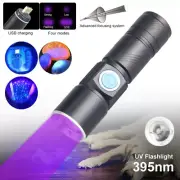 UV Flashlight Zoomable 395nm Ultraviolet USB Rechargeable LED Torch 3 Modes
