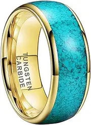 [Wozya] 8 mm Men Tungsten Carbide Ring Blue Turquoise Stone Inlaid Polished Gold Color Wedding Engagement Ring Male Jewelry