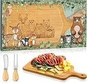 Nuenen Baby Shower Party Favor Cheese Board Woodland Game Prizes Gifts Small Charcuterie Mini Cutting Board Set Wooden Square with Knives and Forks Box for Housewarming Guests