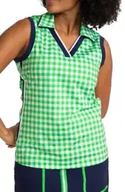 New Kinona Womens Italian Fabri On Par Golf Sleeveless Polo Top Gingham Green S