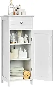 Giantex Bathroom Storage Cabinet, Single Door Floor Cabinet with Drawer and 3-Level Adjustable Shelves, Modern Side Storage Organizer with Anti-tipping Device for Living room, Bedroom, Bathroom, White