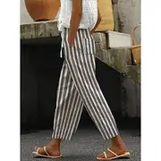 Women's Cotton Linen Pants Pants Trousers Casual Daily Ankle-Length Graphic Striped Drawstring Side Pockets Breathability Comfortable Micro-elastic Weekend Roy