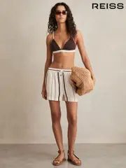 Reiss White/Brown Carlotta Stripe-Print Drawstring Shorts (AV5119) | $195