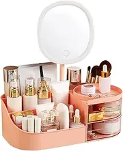 DASITON Makeup Organizer with Rechargeable Mirror,Makeup Brush Holder with 2 Drawers,Skincare and Cosmetics Organizer Countertop,Large Capacity Cosmetic Display Case for Vanity,Bedroom,Bathroom(Pink)