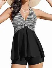 [AI'MAGE] Tankini Swimsuit for Women Two Piece Halter V Neck Swimwear Flowy Tummy Control Bathing Suits with Shorts