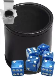 (6) 16mm Marbleized Dice Blue + PU Leather Black Felt Lined Cup Gift Boxed