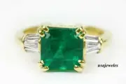 14K Yellow Gold Over 2.45CT Asscher Cut Real Emerald Wedding Jewelry Ring Women