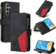 Design Piece of Leather-Like Wallet Phone Case for Samsung Galaxy S24 with 5 Card Slots, Zipper Pocket, Kickstand and Magnetic Lock (Black)