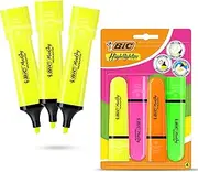 BIC Highlighter Flat Marker Neon Yellow Pack of 3 & Assorted Pack of 4 Quick Dry Smear-Proof Chisel Tip Water-Based Ink Bright Fluorescent Colours Durable Plastic Body for Office School Study Notes