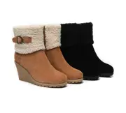 AUSTRALIAN SHEPHERD® UGG Boots Women Sheepskin Shearling Zipper Wedge Joanna - Black / AU Ladies 10 / AU Men 8 / EU 41