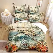 CCoutueChen Sea Turtle Comforter Set Queen Size Vintage Floral Tortoise Bedding Set Retro Ocean Animal Blue Seawater Comforter 3 Pieces (1 Comforter, 2 Pillowcases)