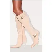 Stone Faux Suede Knee High Point Toe Buckle High Stiletto Knee High Boots, Stone