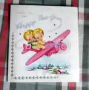 Vintage THANK YOU & Happy New Year : Pink Propeller Airplane unused CIRCA 1940