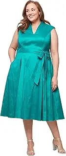 [Alex Evenings] Women's V-Neck Stretch Taffeta Wedding Guest Dress with Full Skirt, Pockets, and Tie Belt (Plus Size)