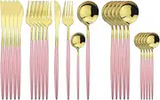 Uniturcky Gold Silverware Set, 24-Piece Stainless Steel Flatware Set Service For 6, Mirror Polished Pink Handle Tableware Cutlery Set Knife Fork And Spoon For Home & Restaurant, Dishwasher Safe