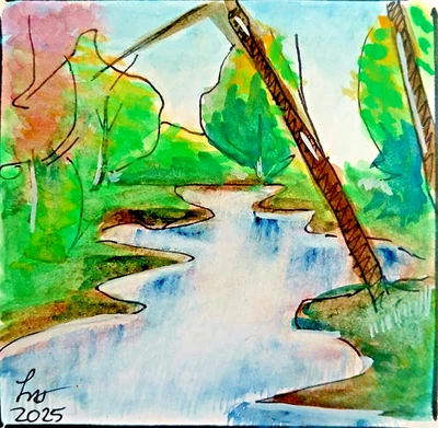 Lazy River – One-of-a-Kind Original 4x4 Gouache Painting by Loretta Nash