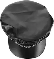 [WRITWAA] Fashionable Pu Navy Hat with Chain Detail Cabbie Sailor Fiddler Bakerboy Flat Top Visor Beret Hat