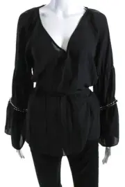 Neiman Marcus Womens Black Chain Detail Tie Front Long Sleeve Blouse Top Size M