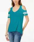 INC International Concepts Womens Cold-Shoulder Varsity Top Teal Glow S