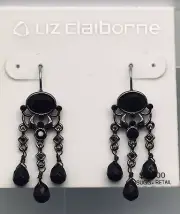 Vintage Liz Claiborne Chandelier Earrings Black Faceted Glass Bead Dangles