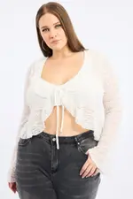White Textured Lace Knit Tie Front Bolero Cardigan