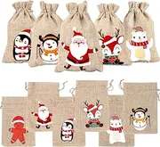 24pcs Christmas Burlap gift Bags Xmas Linen Jute goodies Treat Candy Bags 4 x 6 Inches Xmas Drawstring Gift Treat Candy Bag With Drawstring for Christmas Party Supplies.