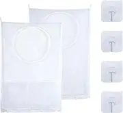 White Hanging Laundry Hamper Bag, 2Pcs White Door Hanging Laundry Hamper Bags,Door-Hanging Mesh Laundry Hamper Bag,Door Hanging Laundry Hamper Bag Clothe Storage Bag,Over Door Laundry Bags with Hooks