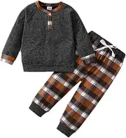 [Bekarsy] Toddler Boy Clothes Fall Winter Outfits Baby Boys Plaid Button Down Long Sleeve Tops + Pants Sets 12 Months-5T