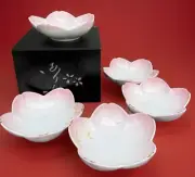 Japanese Arita Set Of 5 Pink Lotus Shaped Rice Bowls Original Wooden Box