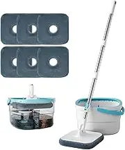 Spin Mop and Bucket Kit, Mop and Bucket with Wringer Set, Automatically Separates Dirty and Clean Water, 6 Piece Microfiber Mop Pad,Suitable for Wooden Floors, Tile Floors, Marble, Windows.