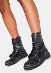 [T.U.K.] Black Waxy 10-Eye Boot With White Stitch