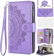 [Asuwish] Mobile Phone Case for Samsung Galaxy S24 Ultra 5G Case with Strap and Film Screen Protector Card Slot Foldable Leather Flowers Wallet Stand S24Ultra 24S S 24 24Ultra Cases Protective Phone