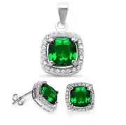 3.50ct Emerald & Cz .925 Sterling Silver & Pendant Jewelry set