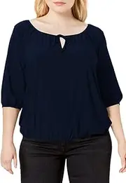 [Star Vixen] Women's Plus-Size 3/4 Sleeve Peasant Elastic-Hem Keyhole-Tie Top